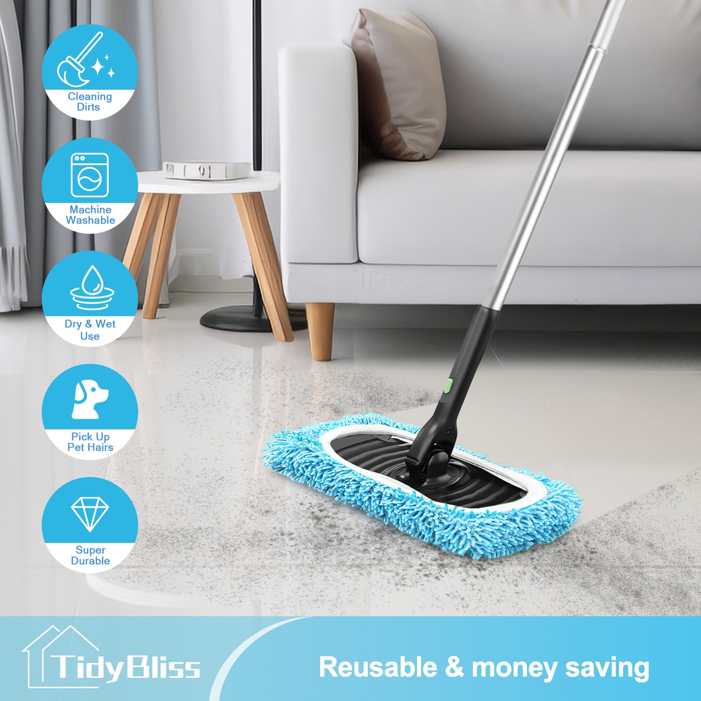 TidyBliss Reusable Microfiber Mop Pads 4 Pack Compatible with Sweeper (Blue)