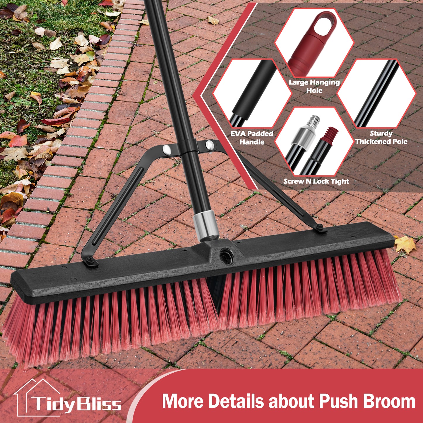 TidyBliss 24" Push Broom Outdoor Heavy Duty with 63 inches Long Handle (Red)
