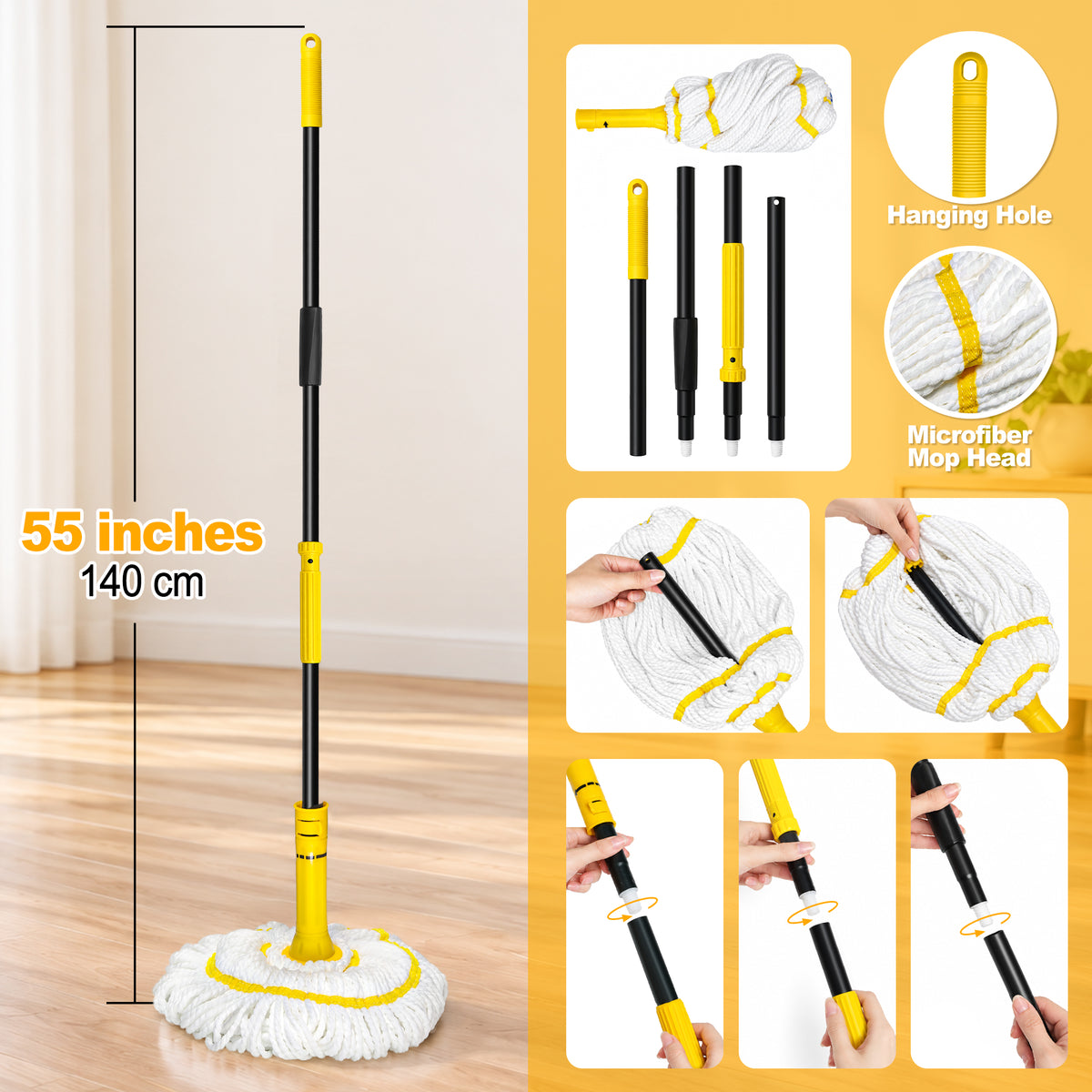 NEWE Self Wringing Twist Mop for Floor Cleaning with 55” Handle (Yellow)