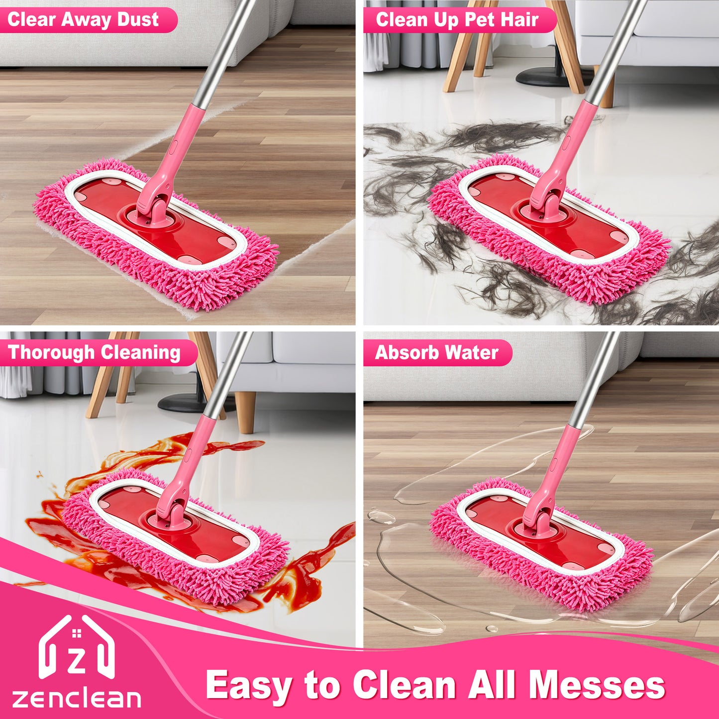 ZenClean Reusable Microfiber Mop Pads 6 Pack Compatible with SwifferSweeper Mop for Wet & Dry Floor Cleaning (Pink)
