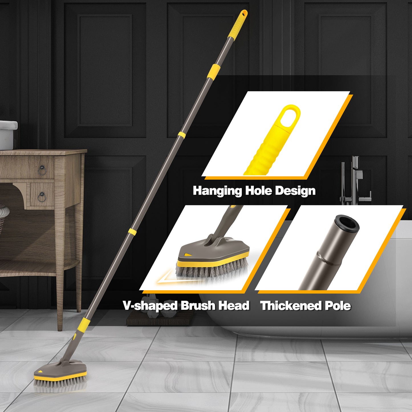 Shower Cleaner Brush with Long Handle (Brown Yellow)