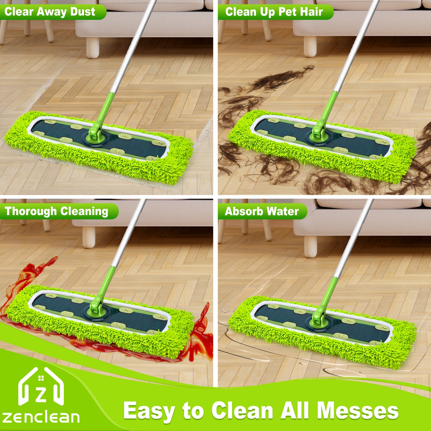 ZenClean Reusable Microfiber Mop Pads 4 Pack Compatible with SwifferSweeper XL Mop for Wet & Dry Floor Cleaning (Green)