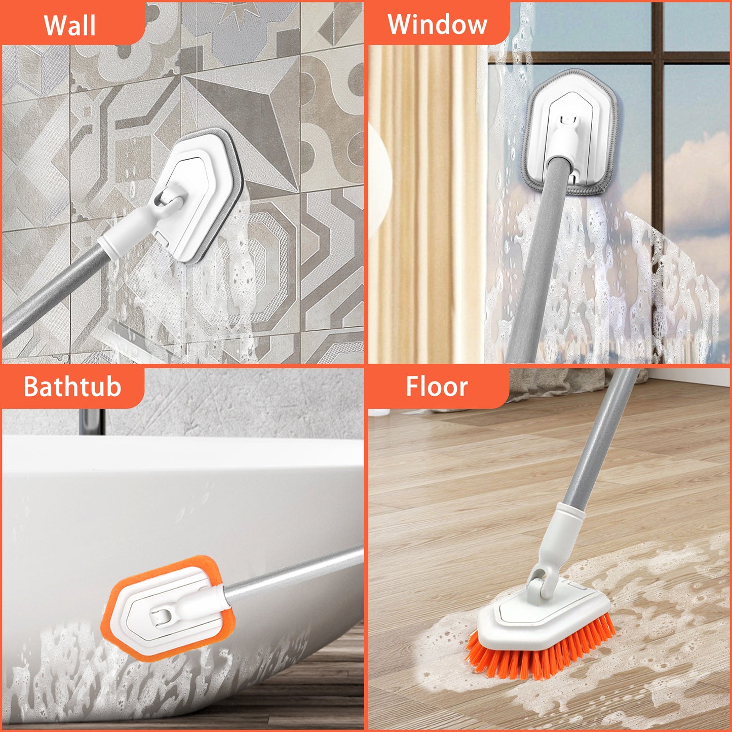 JEHONN 4-in-1 Tile Tub Scrubber with Long Handle, Upgraded Shower Cleaning Brush (Orange)