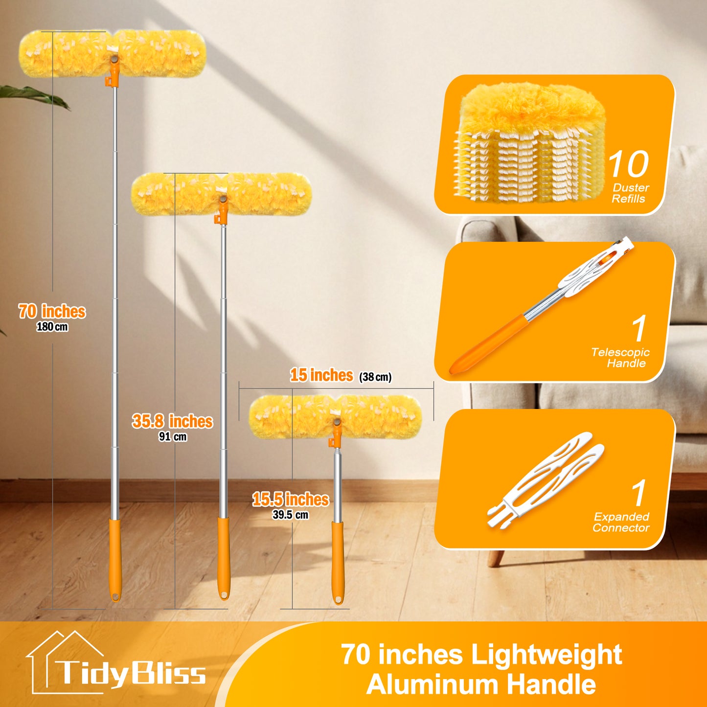 TidyBliss Dusters for Cleaning with Extension Pole 70 inches and 10 Refills (Orange)
