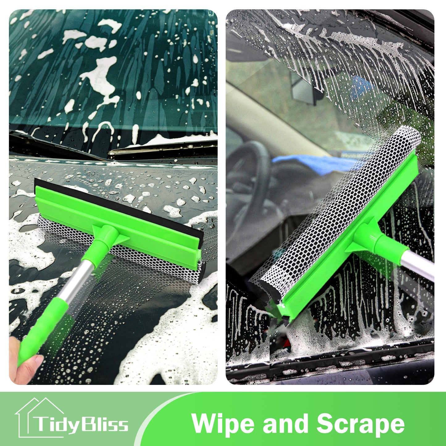 TidyBliss Window Squeegee for Home with Extension Pole 56" (Green)