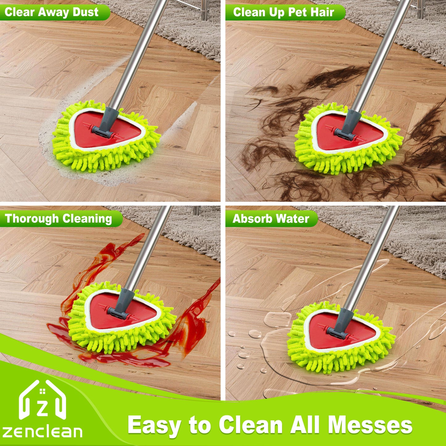 ZenClean Microfiber Mop Head Replacement 3 PCS Fit for EasyWring 1 Tank System (Green)