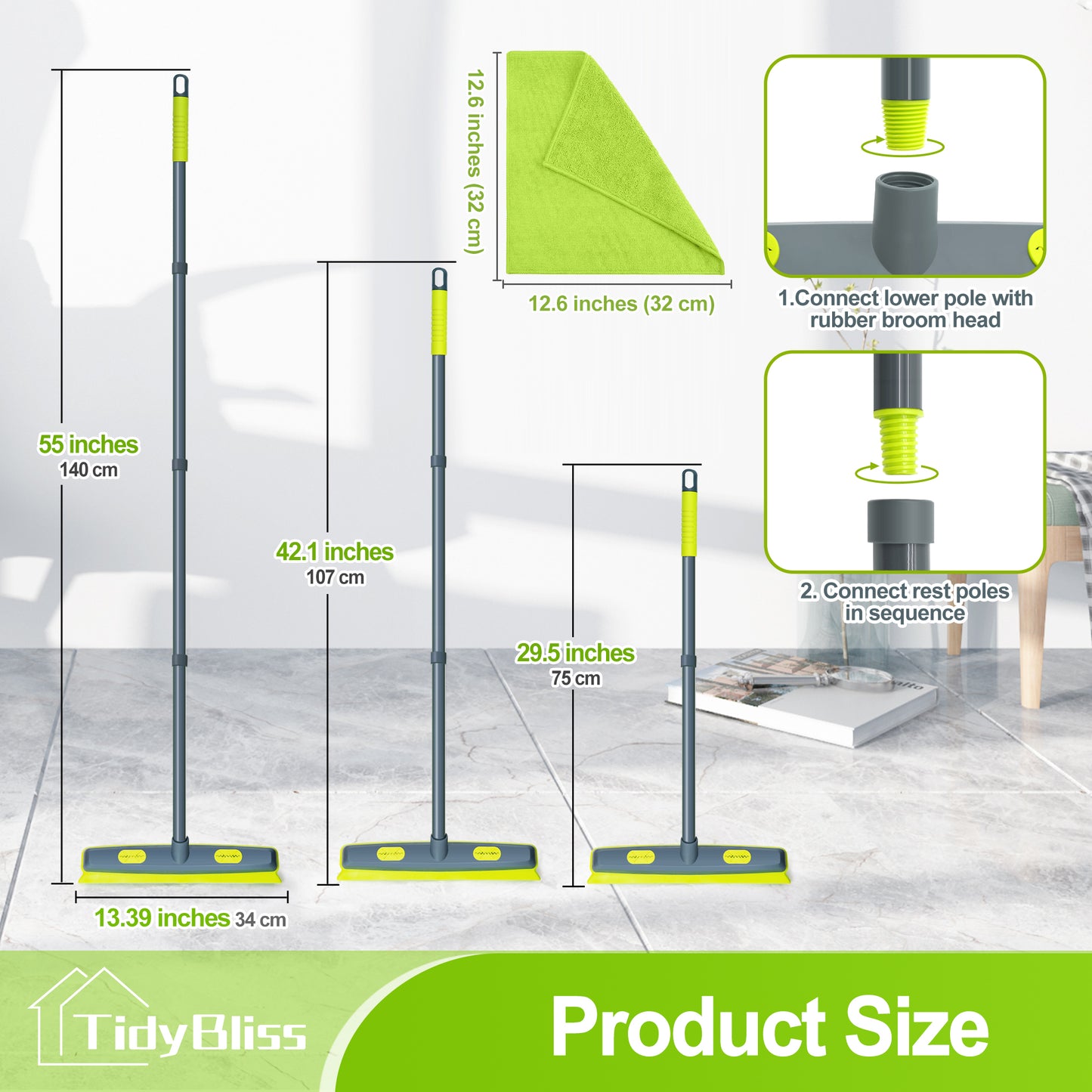 TidyBliss Pet Hair Removal Broom with 1 Microfiber Cloth (Green)