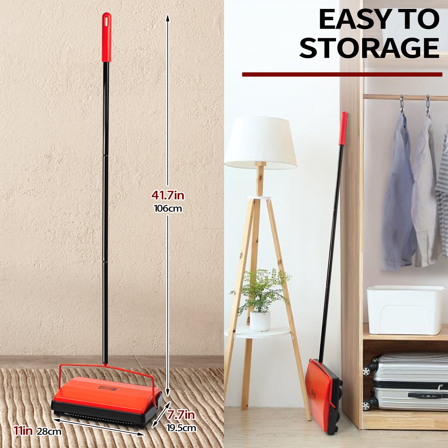 JEHONN Carpet Floor Sweeper with Horsehair Brush, Adjustable Handle, Red, Non-Electric, Manual