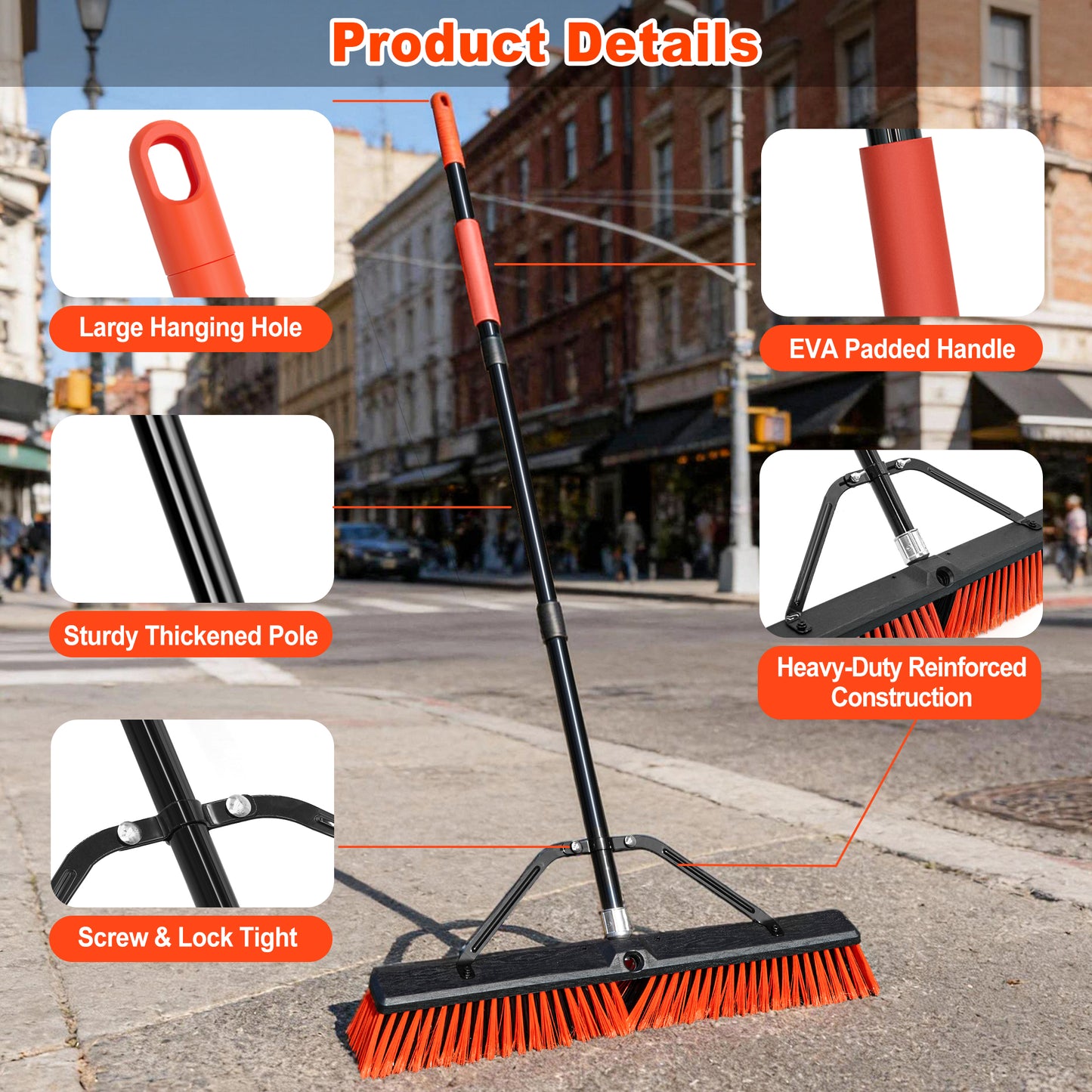 JEHONN 24” Wide Push Broom Outdoor Heavy Duty with 63 inches Long Handle (Red)