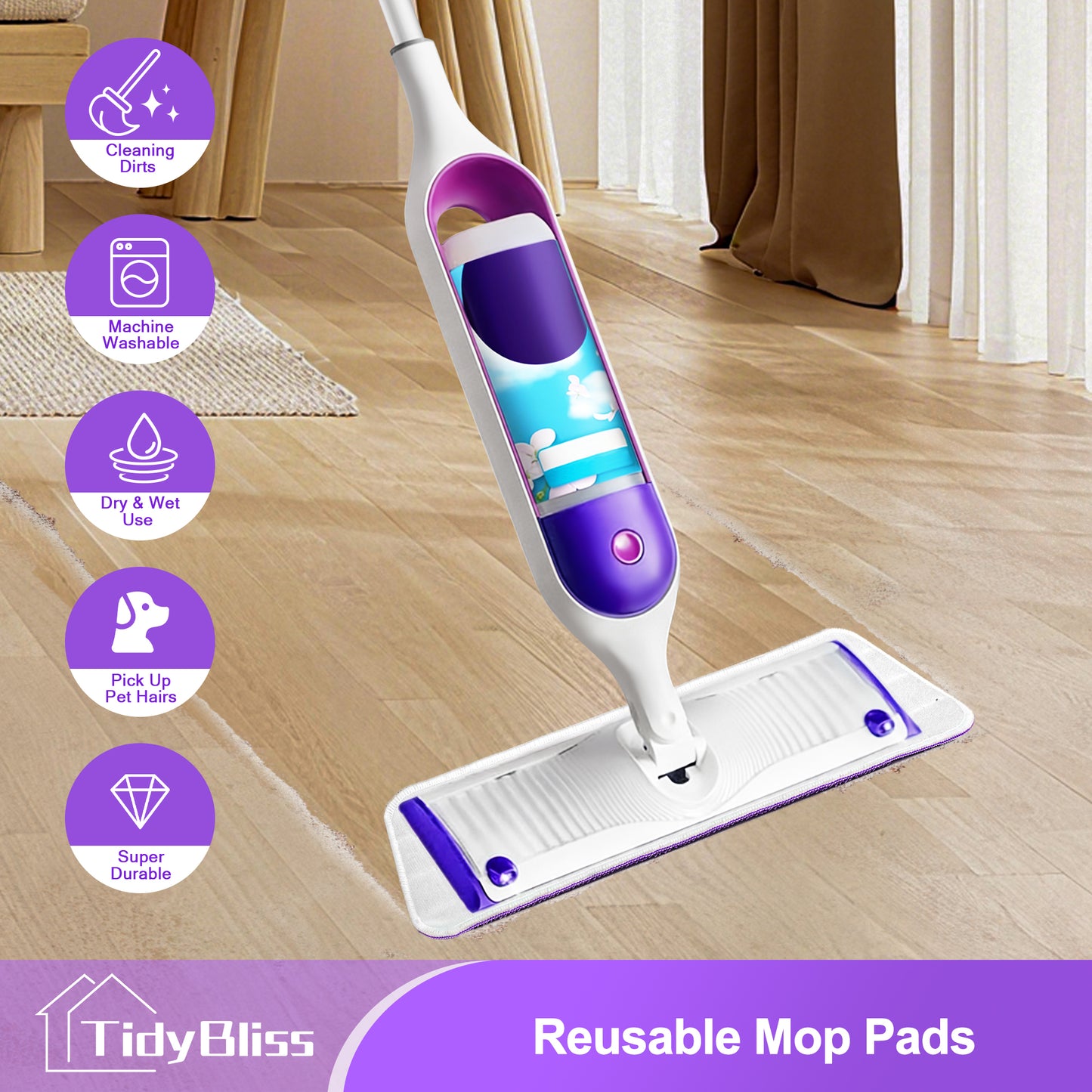TidyBliss Reusable Power Mop Pads 6 Pack (Purple)