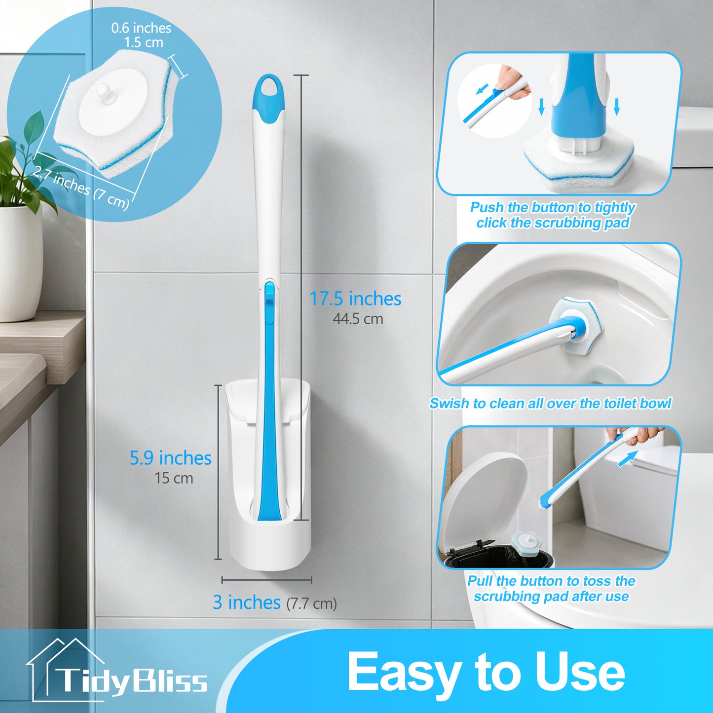 TidyBliss Disposable Toilet Brush and Holder Set with 48 Cleaner Refills (Blue)