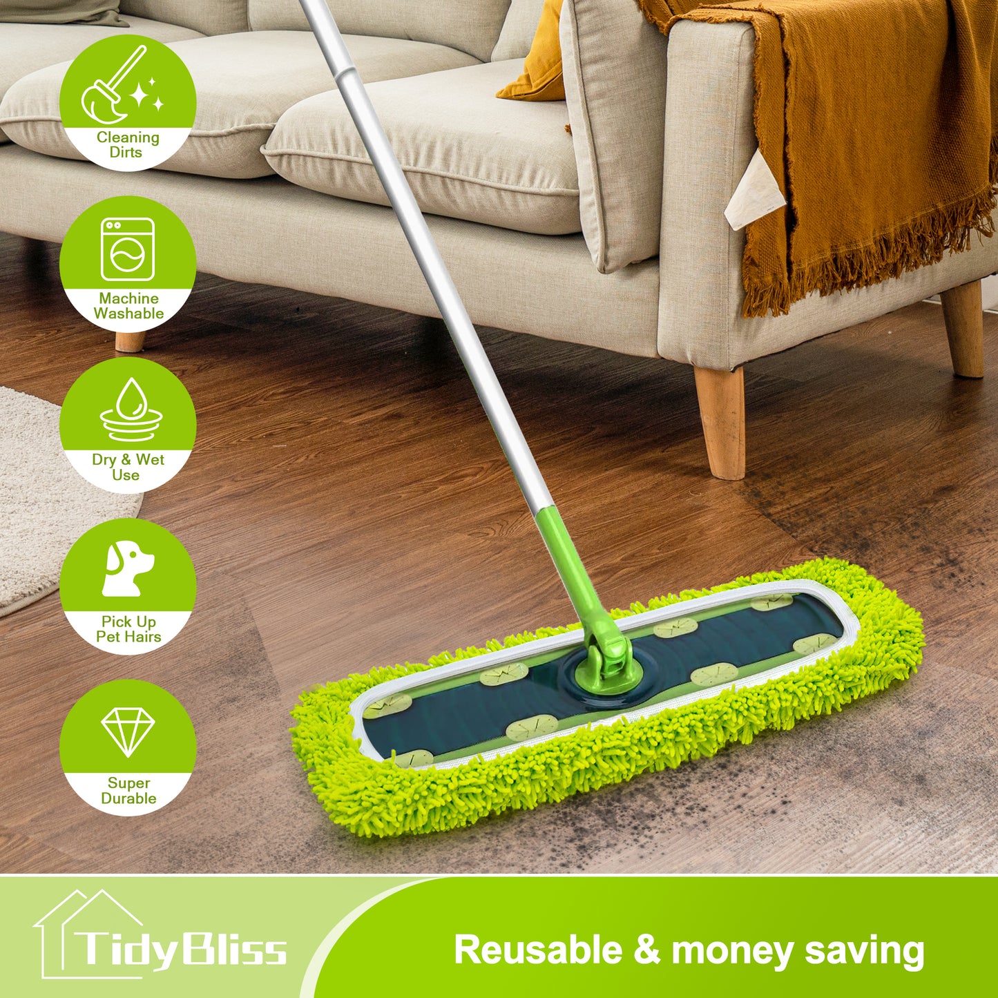 TidyBliss Reusable XL Microfiber Sweeper Mop Pads 4 Pack (Green)