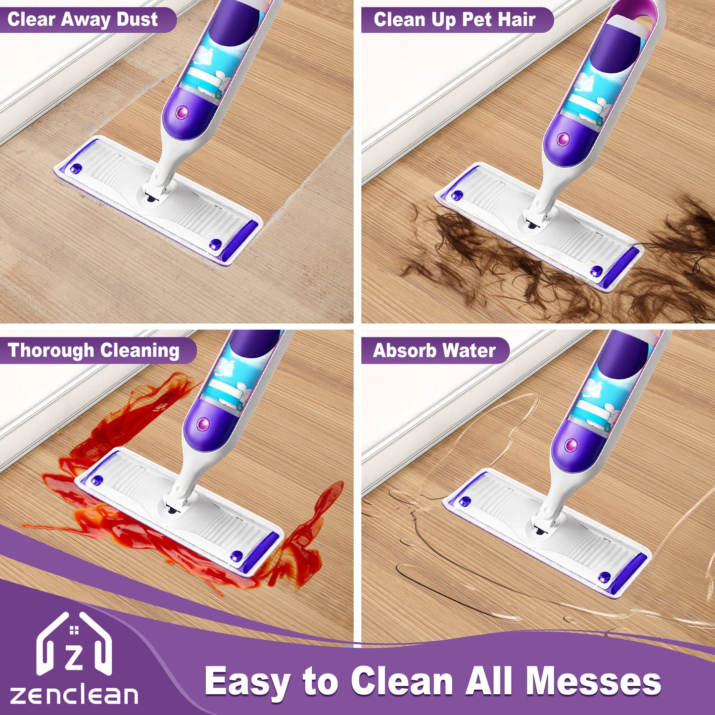 ZenClean Reusable Microfiber Mop Pads 4 Pack Compatible with Power Mop for Wet & Dry Floor Cleaning