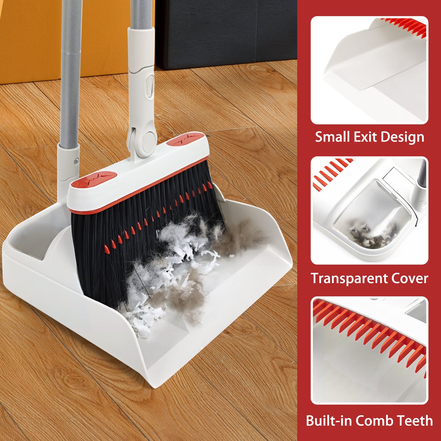 JEHONN Broom and Plastic Dust Pans Set for Home with 54 inches Long Handle (Grey&Red)