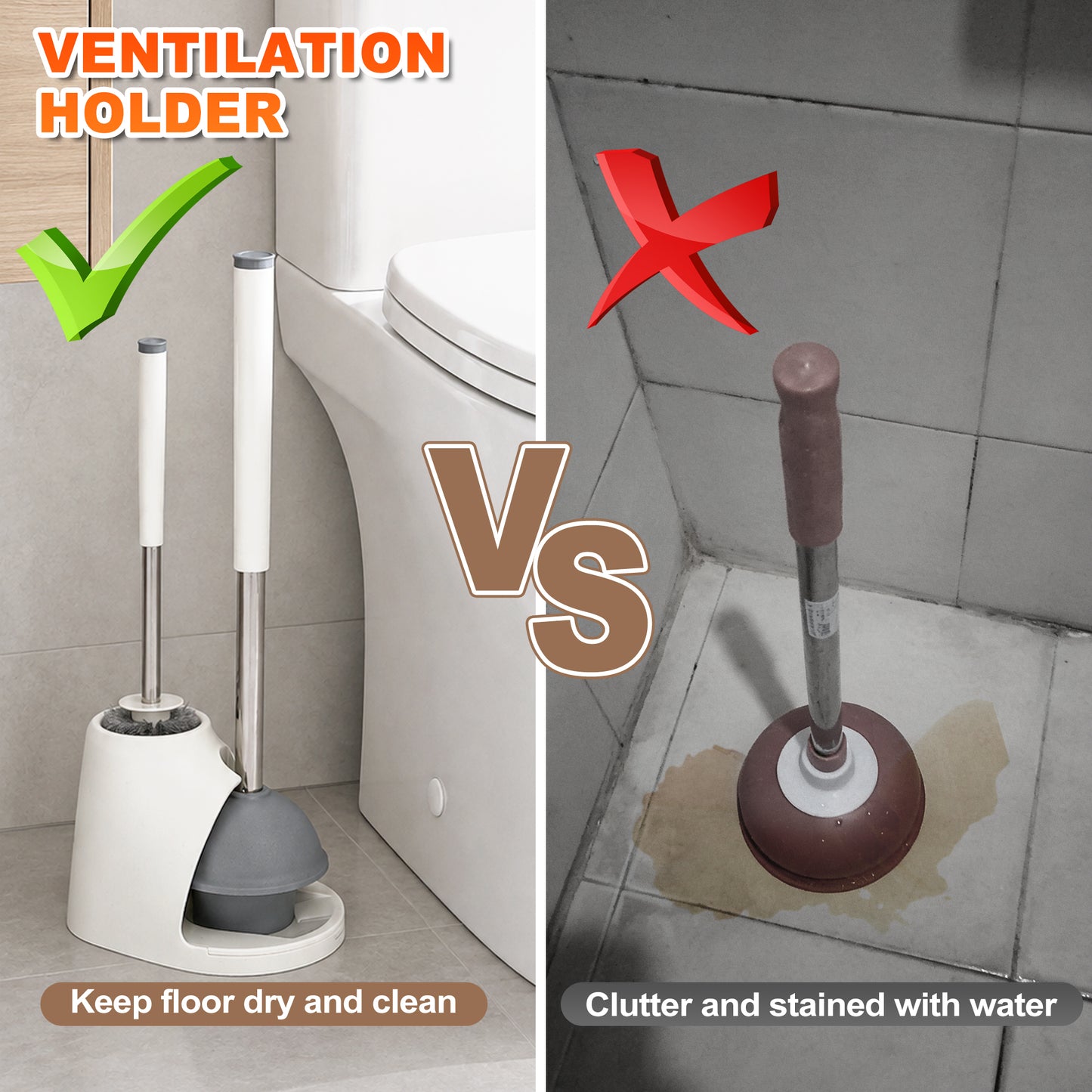 JEHONN Toilet Plunger and Brush Set with Holder and Hidden Tweezer (White)