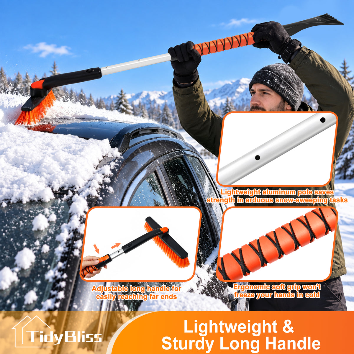 TidyBliss 36” Snow Brush with Ice Scraper for Car Windshield Glass