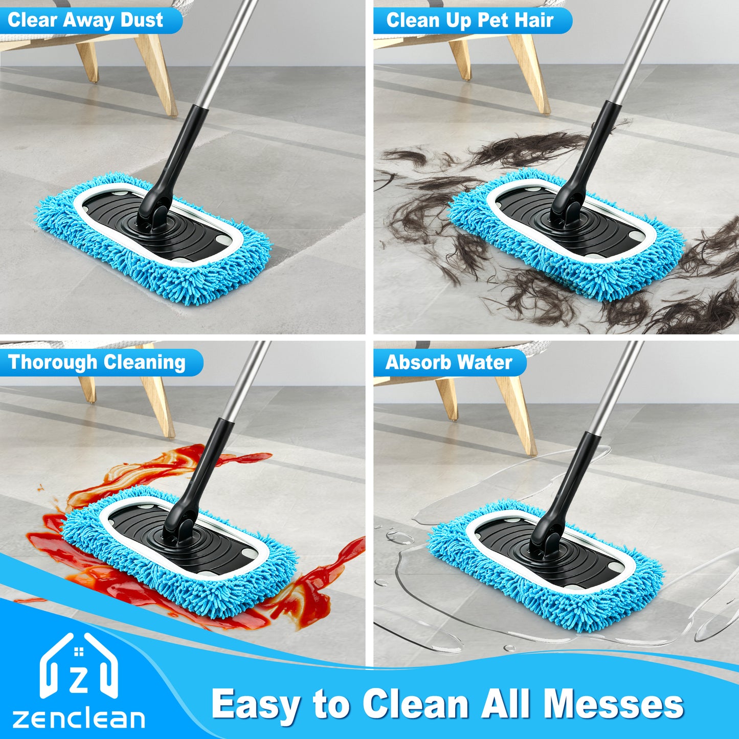 ZenClean Reusable Microfiber Mop Pads 4 Pack Compatible with SwifferSweeper Mop for Wet & Dry Floor Cleaning (Blue)