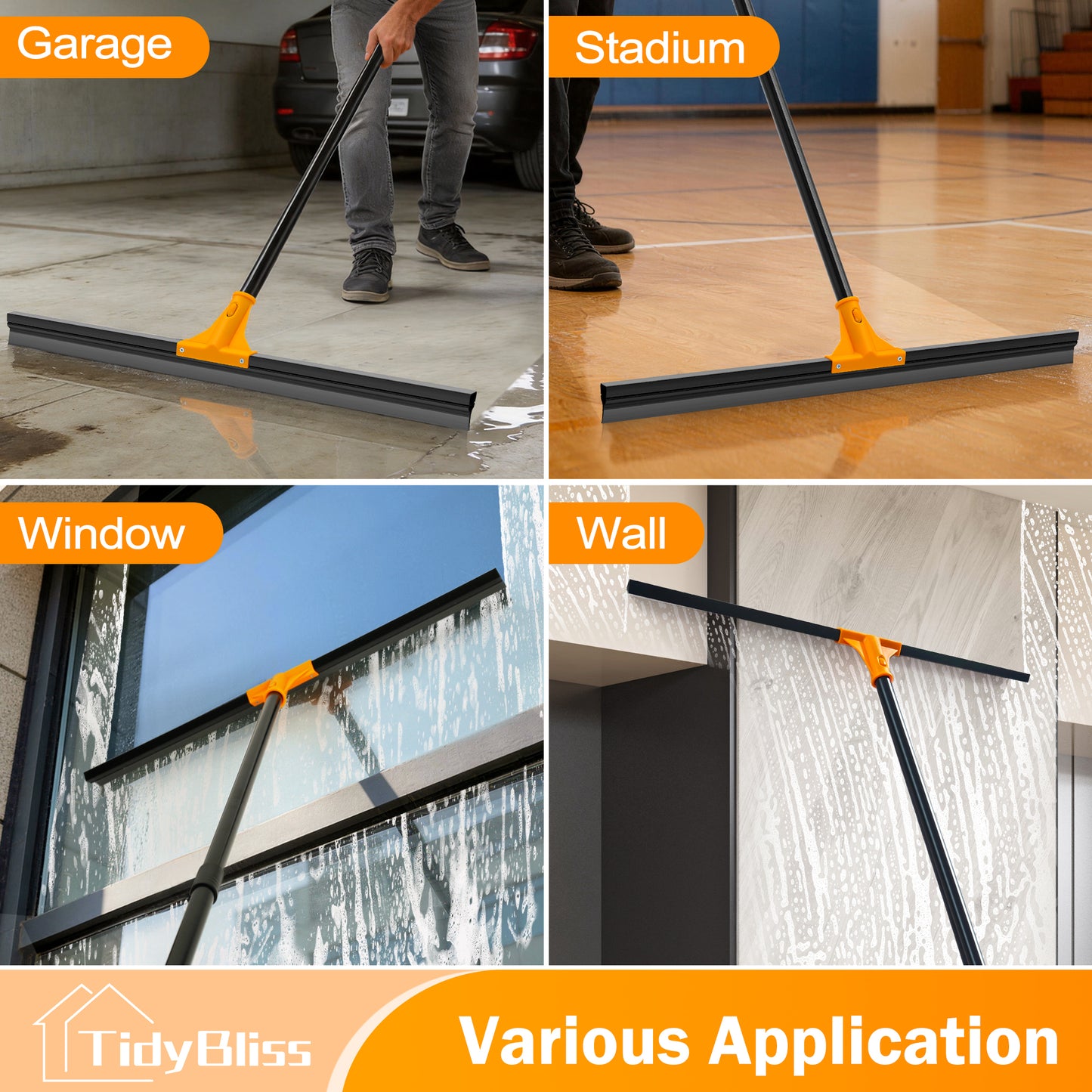 TidyBliss 30” Large Floor Squeegee Broom (Orange)