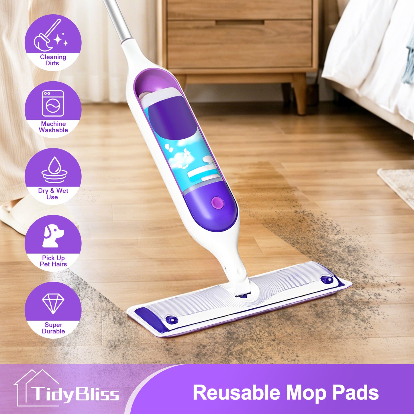 TidyBliss Reusable Power Mop Pads 4 Pack (Purple)