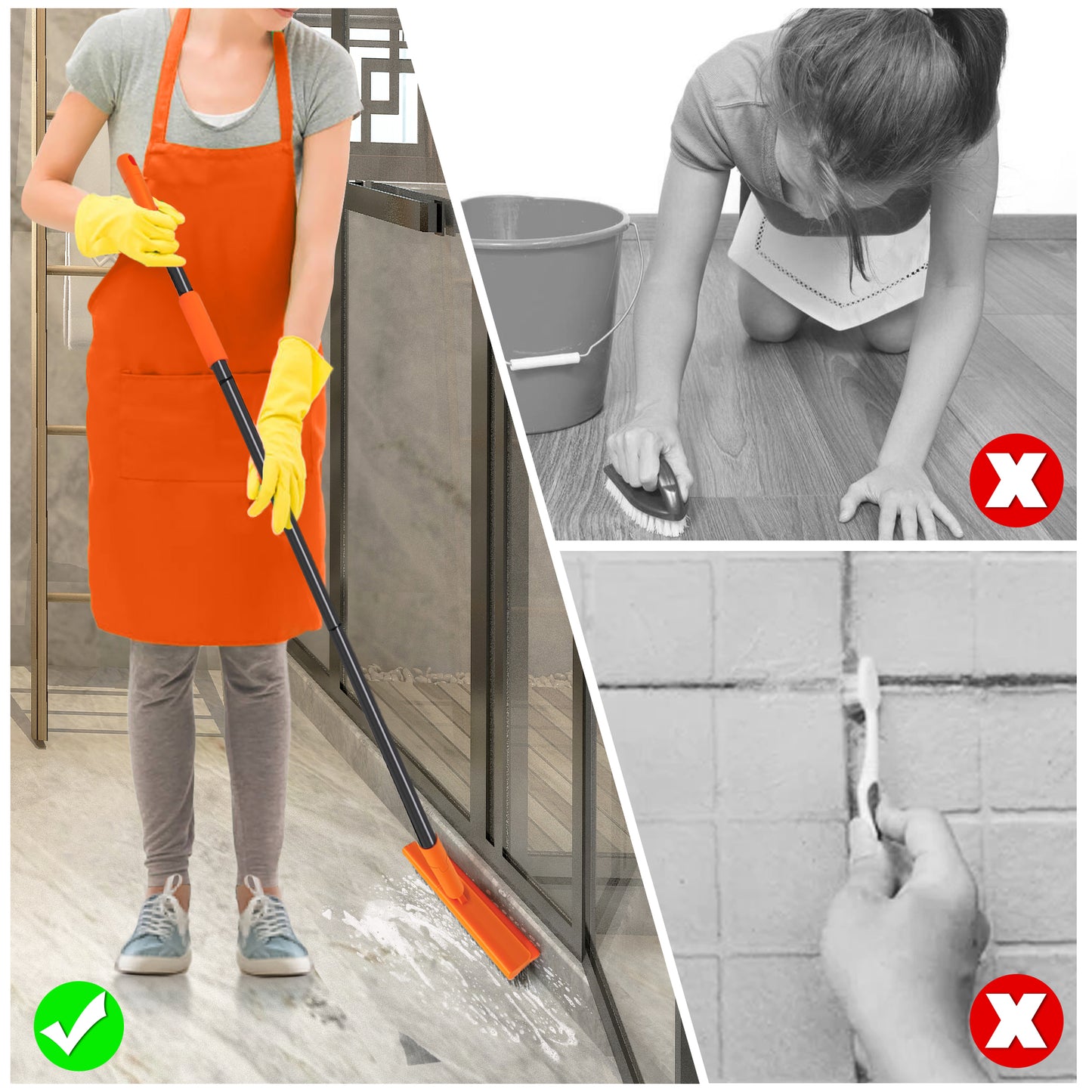 Grout Brush with 49.6" Long Handle, V-Shaped Tile Scrubber (Orange)