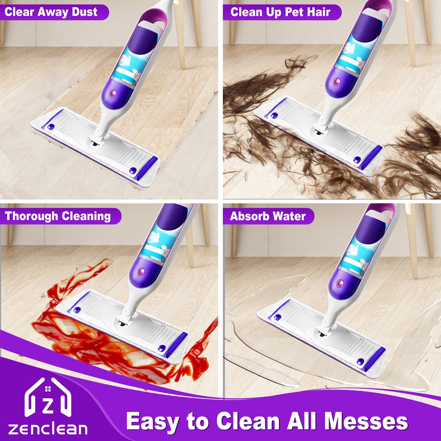 ZenClean Reusable Microfiber Mop Pads 7 Pack Compatible with SwifferPower Mop for Wet & Dry Floor Cleaning (7 Colors)