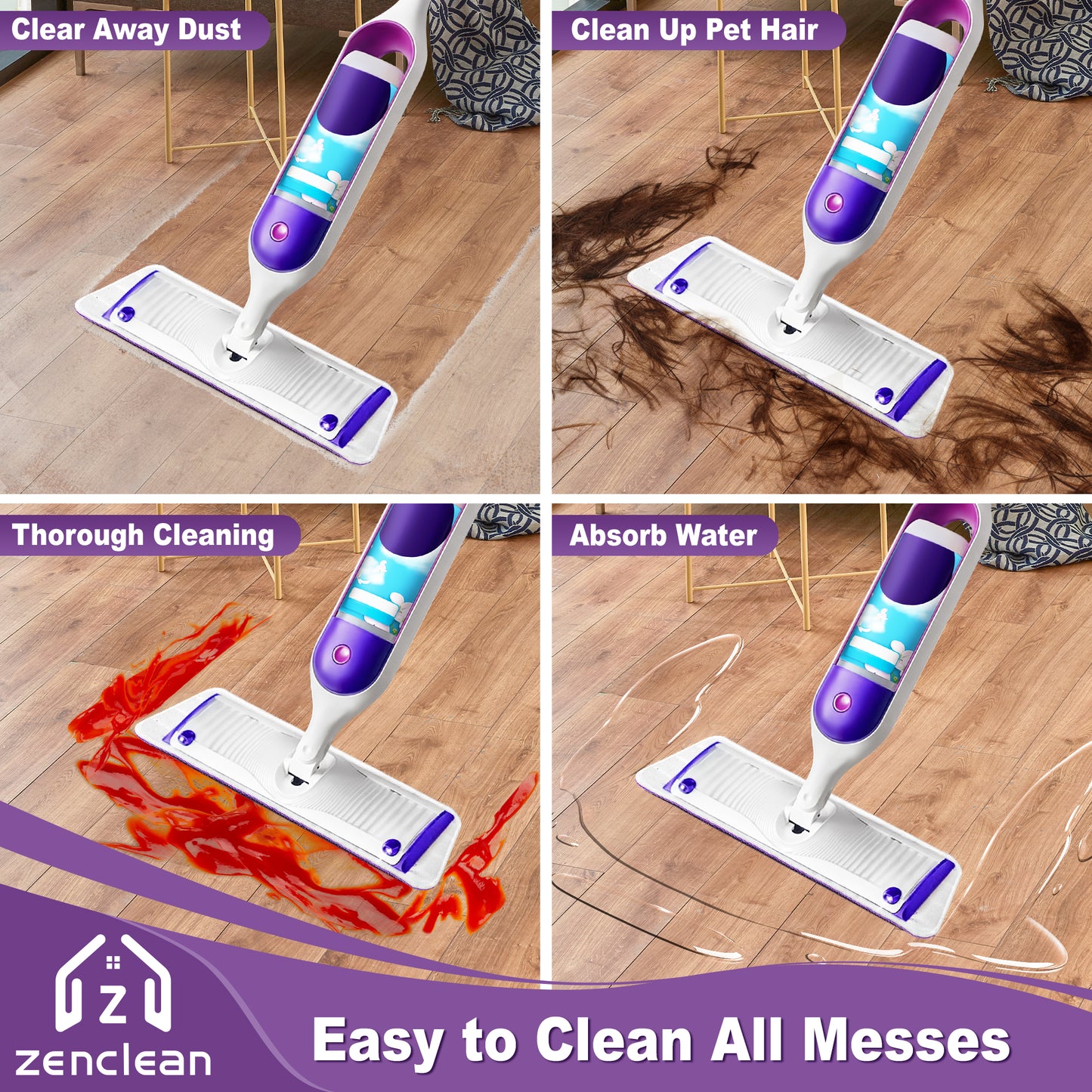 ZenClean Reusable Microfiber Mop Pads 6 Pack Compatible with SwifferPower Mop for Wet & Dry Floor Cleaning