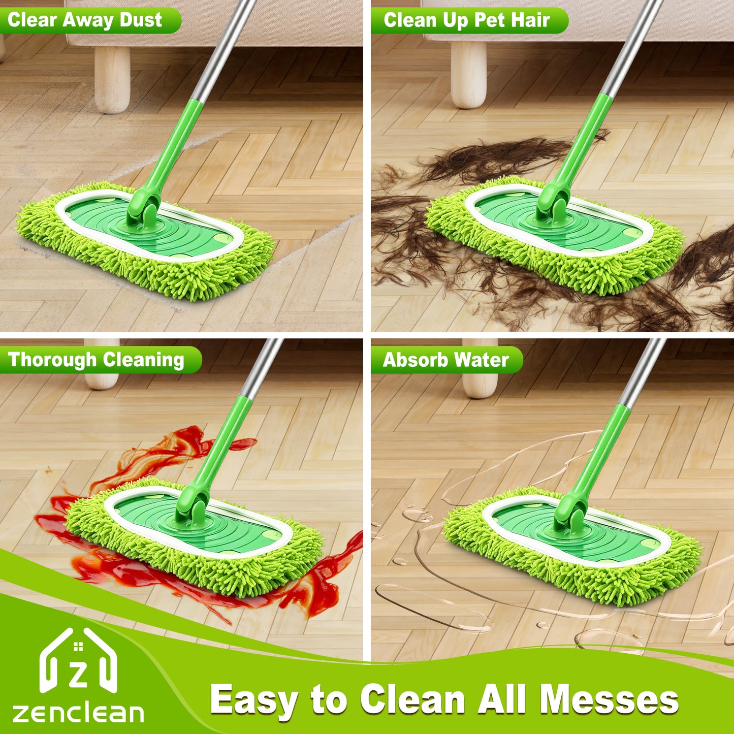 ZenClean Reusable Microfiber Mop Pads 4 Pack Compatible with SwifferSweeper Mop for Wet & Dry Floor Cleaning (Green)