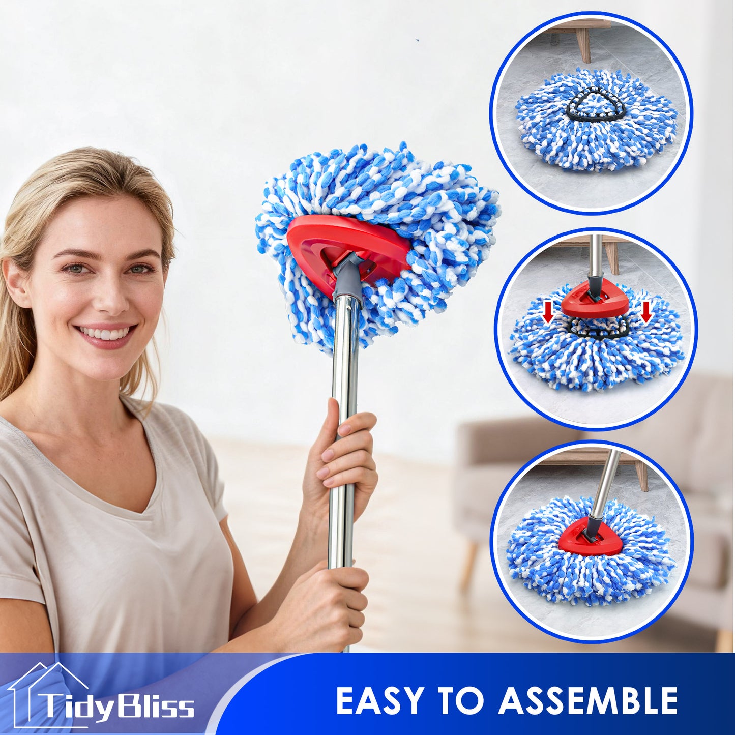 TidyBliss Spin Mop Replacement Heads 2 Pack with Triangle Base and 58 inches Long Handle for O-Cedaar RinseClean 2 Tank System