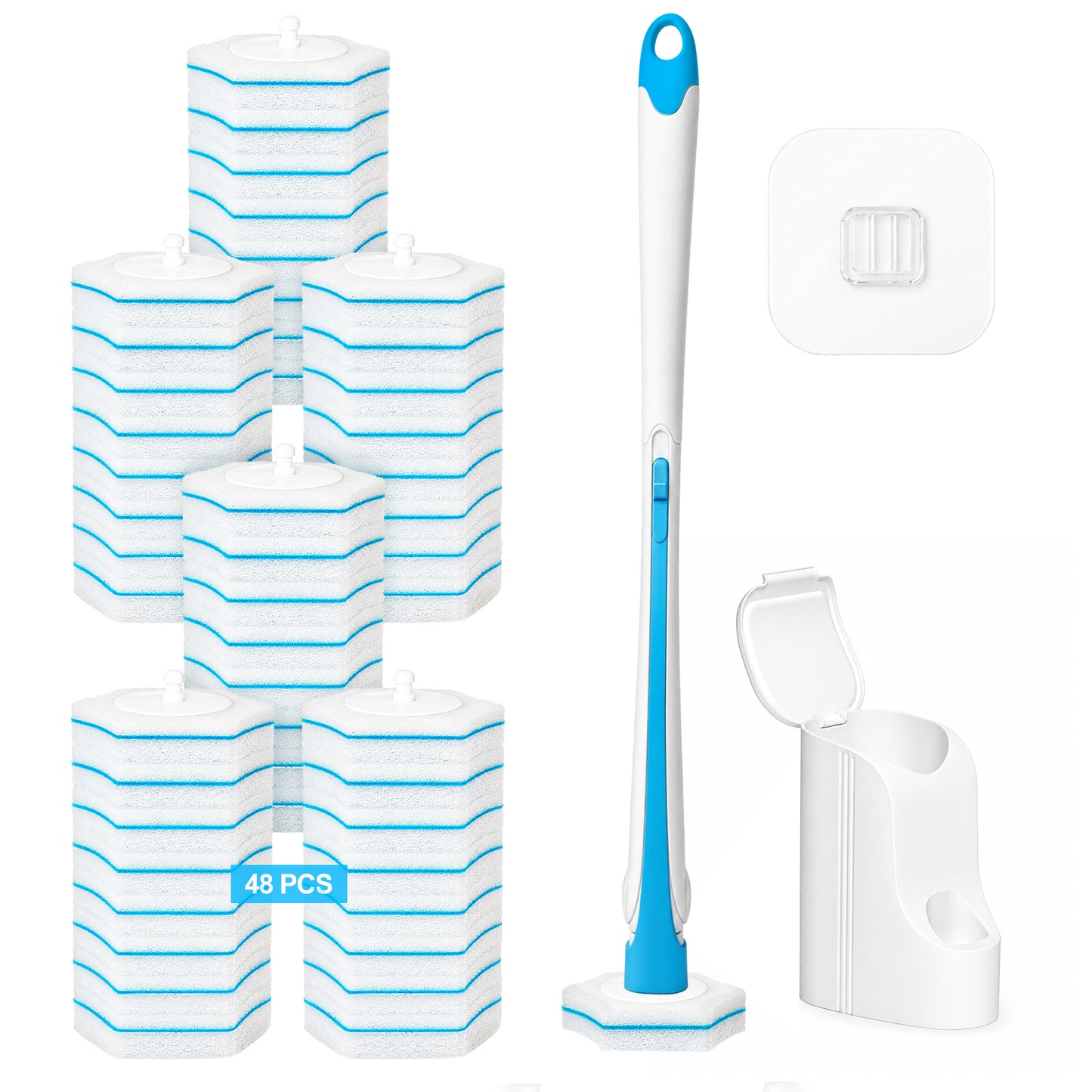 TidyBliss Disposable Toilet Brush and Holder Set with 48 Cleaner Refills (Blue)