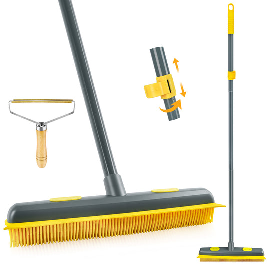 NEWE Rubber Pet Hair Removal Broom with Lint Fur Remover Tool, 57.5 inches Long Handle Silicone Carpet Brush Rake with Built-in Squeegee for Cleaning Rug, Tile, Floor (Gray Yellow)