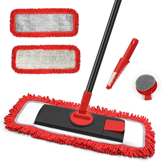 JEHONN Flat Floor Mop, Dry Wet Dust Mops with Microfiber & Chenille Pads for Hard Wood Laminate Tile Vinyl Kitchen Bathroom Home (Red)