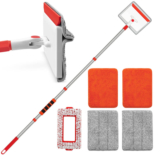 JEHONN Wall & Baseboard Cleaner Mop Tool with 4 Reusable Pads Red