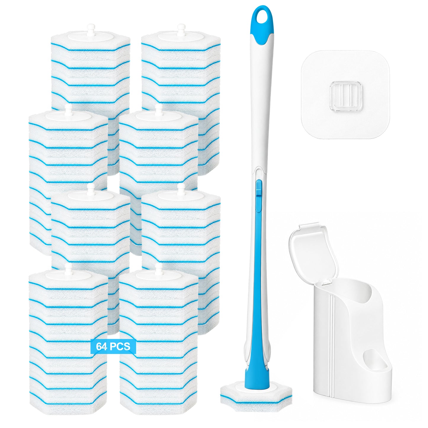 TidyBliss Disposable Toilet Brush and Holder Set with 64 Cleaner Refills (Blue)