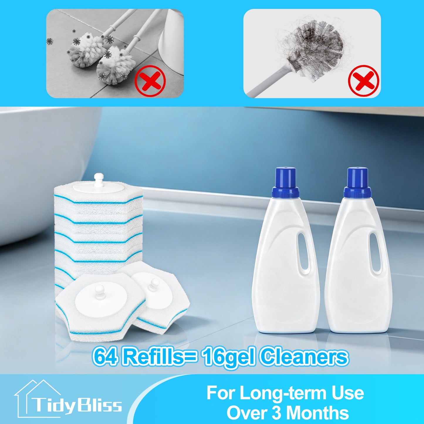 TidyBliss Disposable Toilet Brush and Holder Set with 64 Cleaner Refills (Blue)