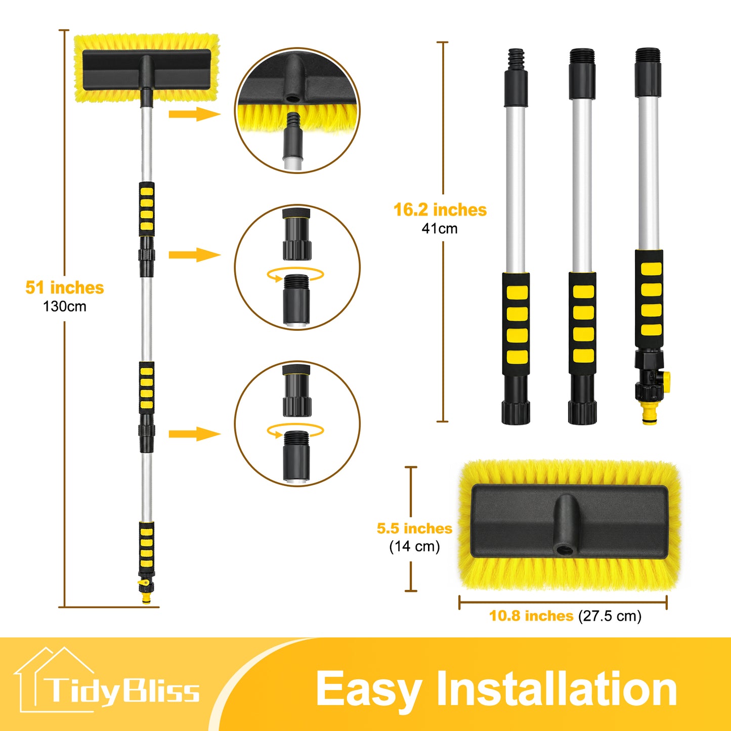 TidyBliss Car Wash Brush with Hose Attachment, 51" Aluminum Long Handle