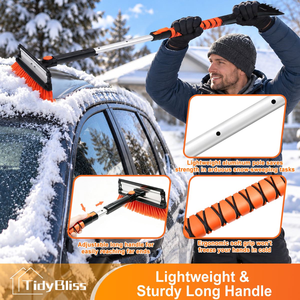 TidyBliss 37” Snow Brush with Ice Scraper & Squeegee for Car Windshield Glass