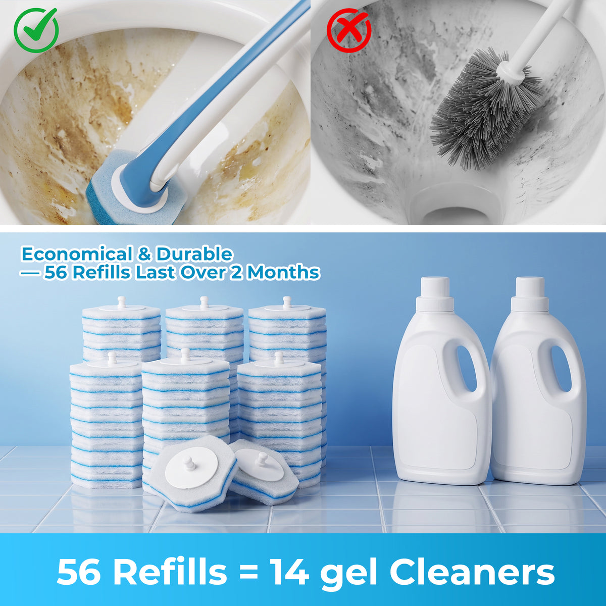 NEWE Disposable Toilet Brush with 56 PCS Cleaner Refills, Toilet Bowl Wand Holder Set (Blue)