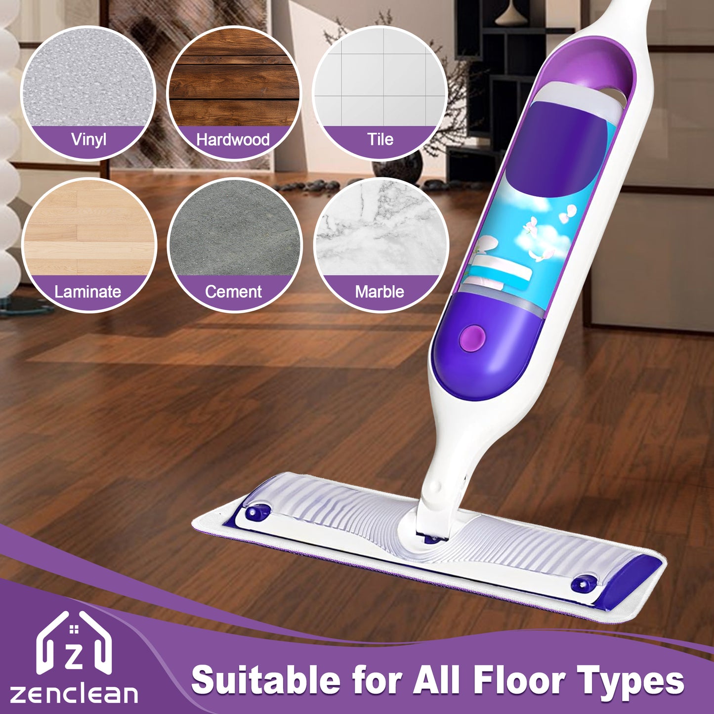 ZenClean Reusable Microfiber Mop Pads 6 Pack Compatible with SwifferPower Mop for Wet & Dry Floor Cleaning