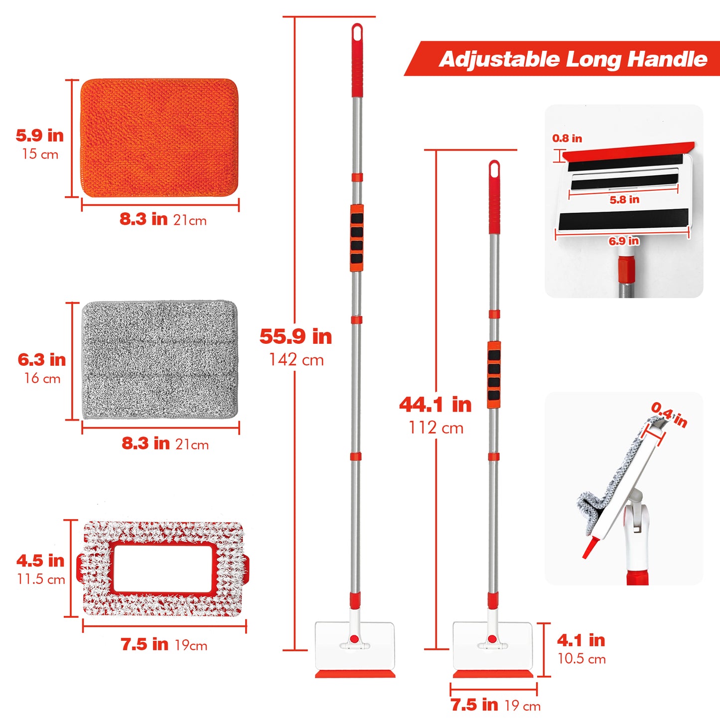 JEHONN Wall & Baseboard Cleaner Mop Tool with 4 Reusable Pads Red