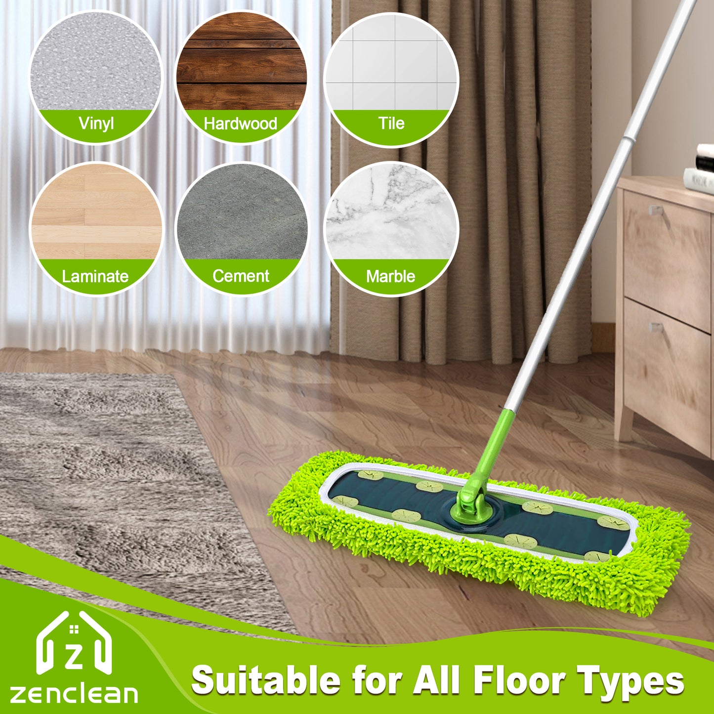 ZenClean Reusable Microfiber Mop Pads 4 Pack Compatible with SwifferSweeper XL Mop for Wet & Dry Floor Cleaning (Green)