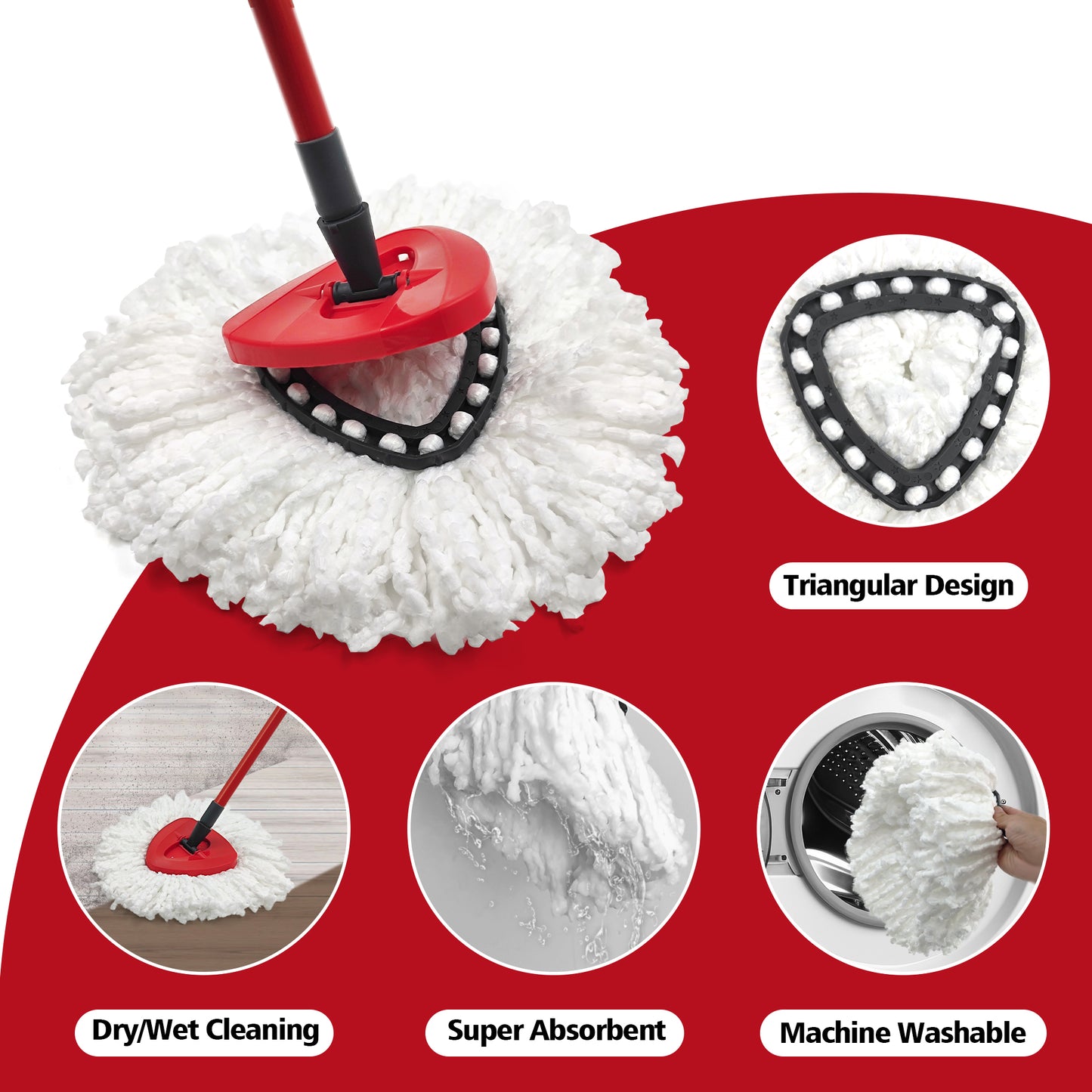 Mop Heads Replacements 2 pack with Triangle Base for Vileda RinseClean 2 Tank System, for Deep Cleaning All Floors , White