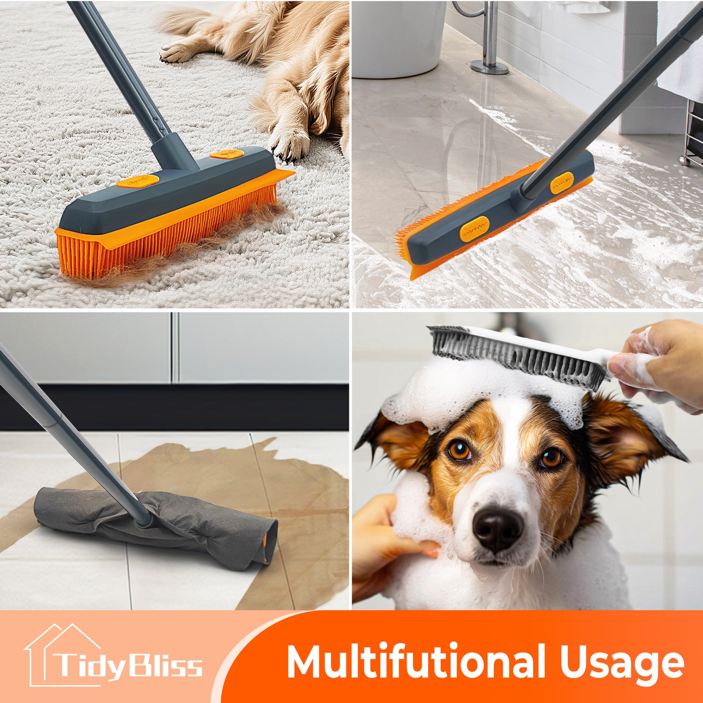 TidyBliss Pet Hair Removal Broom with Rubber Squeegee (Gray Orange)
