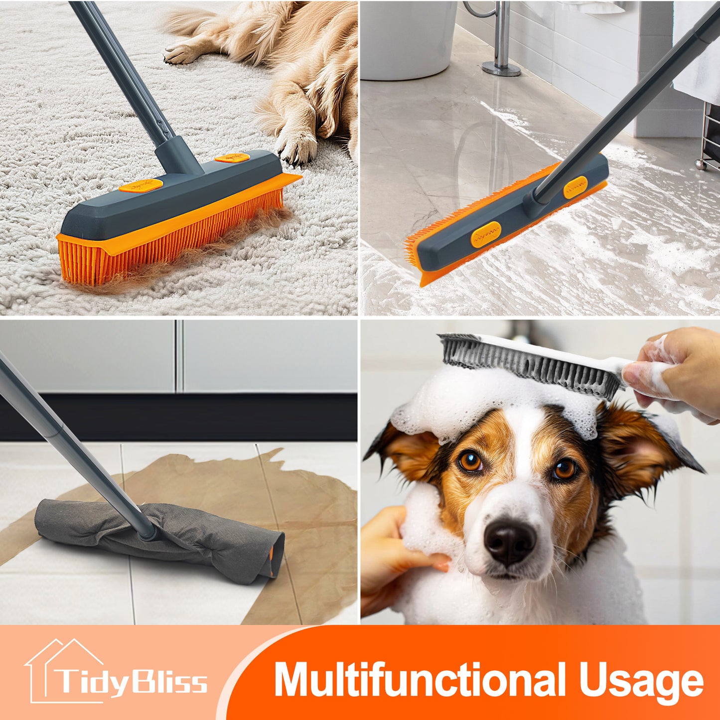 TidyBliss Pet Hair Removal Broom with Rubber Squeegee (Gray Orange)