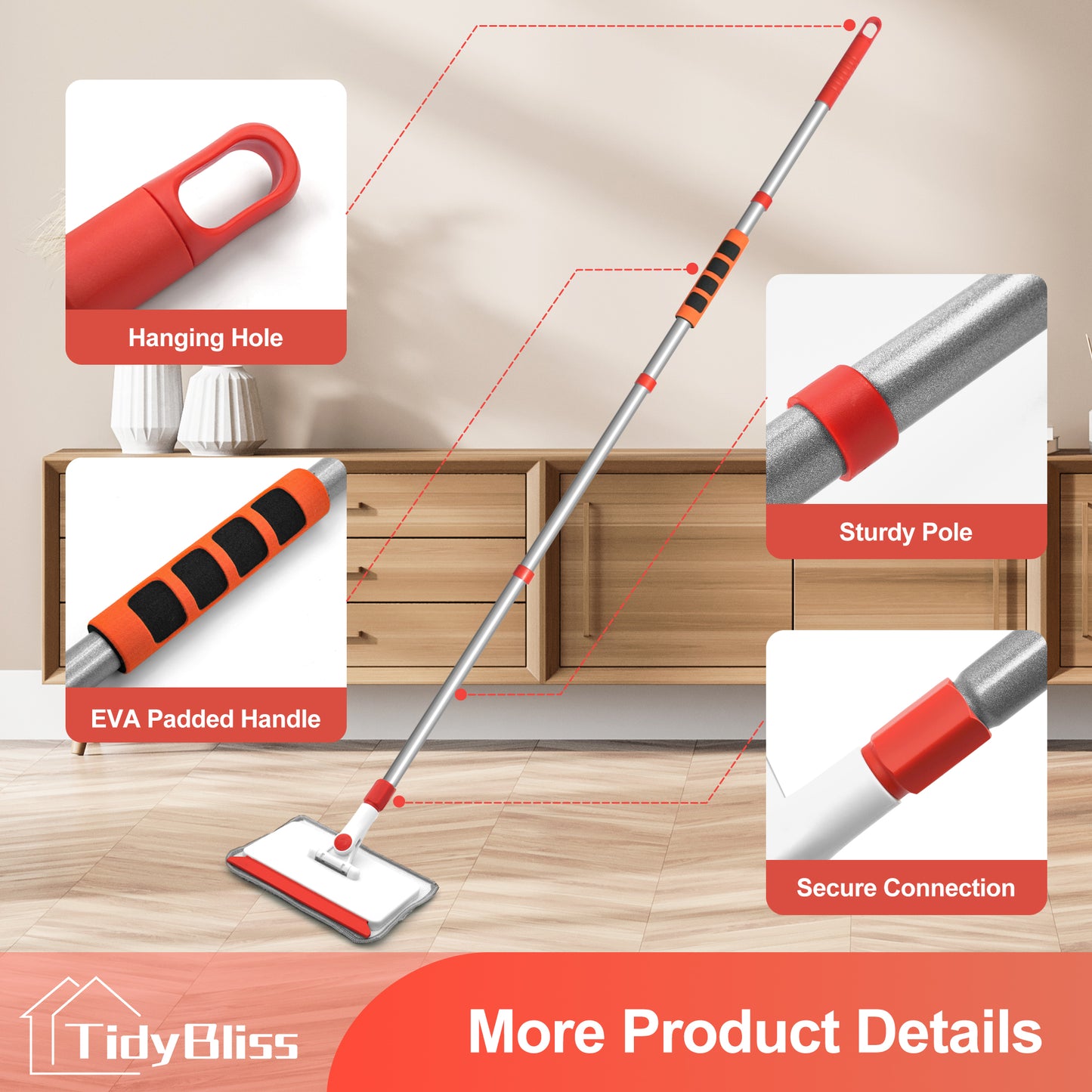 TidyBliss Baseboard Cleaner Tool, Wall Mop with 55.9" Long Handle (Red)