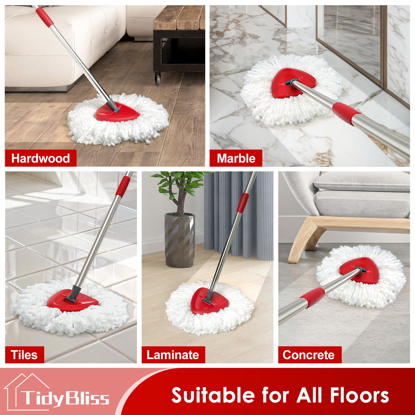TidyBliss Mop Heads Replacements 6 Pack with Triangle Base for EasyWring 1 Tank System
