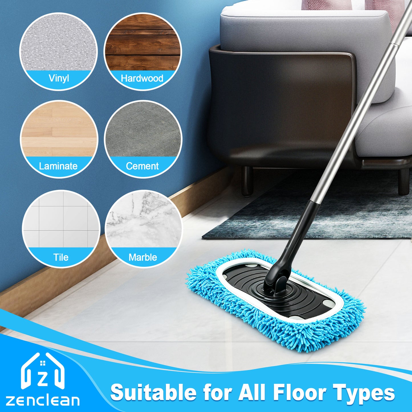 ZenClean Reusable Microfiber Mop Pads 4 Pack Compatible with SwifferSweeper Mop for Wet & Dry Floor Cleaning (Blue)