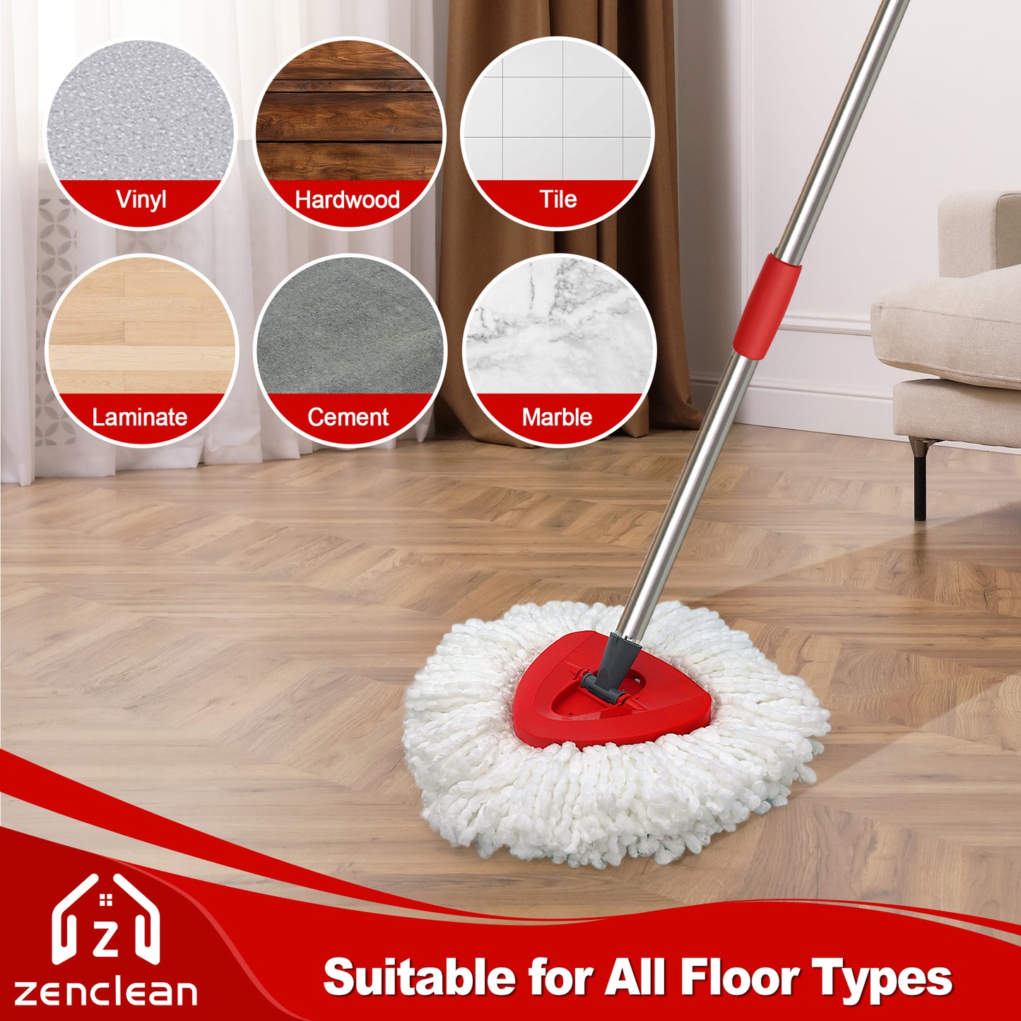 ZenClean Spin Mop Replacement Head 4 PCS Compatible with EasyWring 1 Tank System