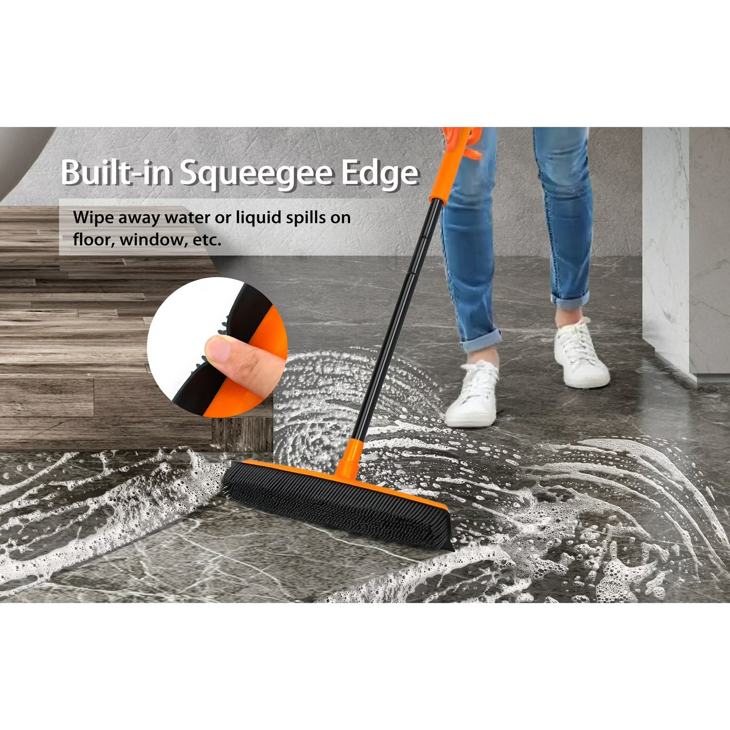 JEHONN Rubber Broom with Squeegee for Pet Hair Removery (Orange)