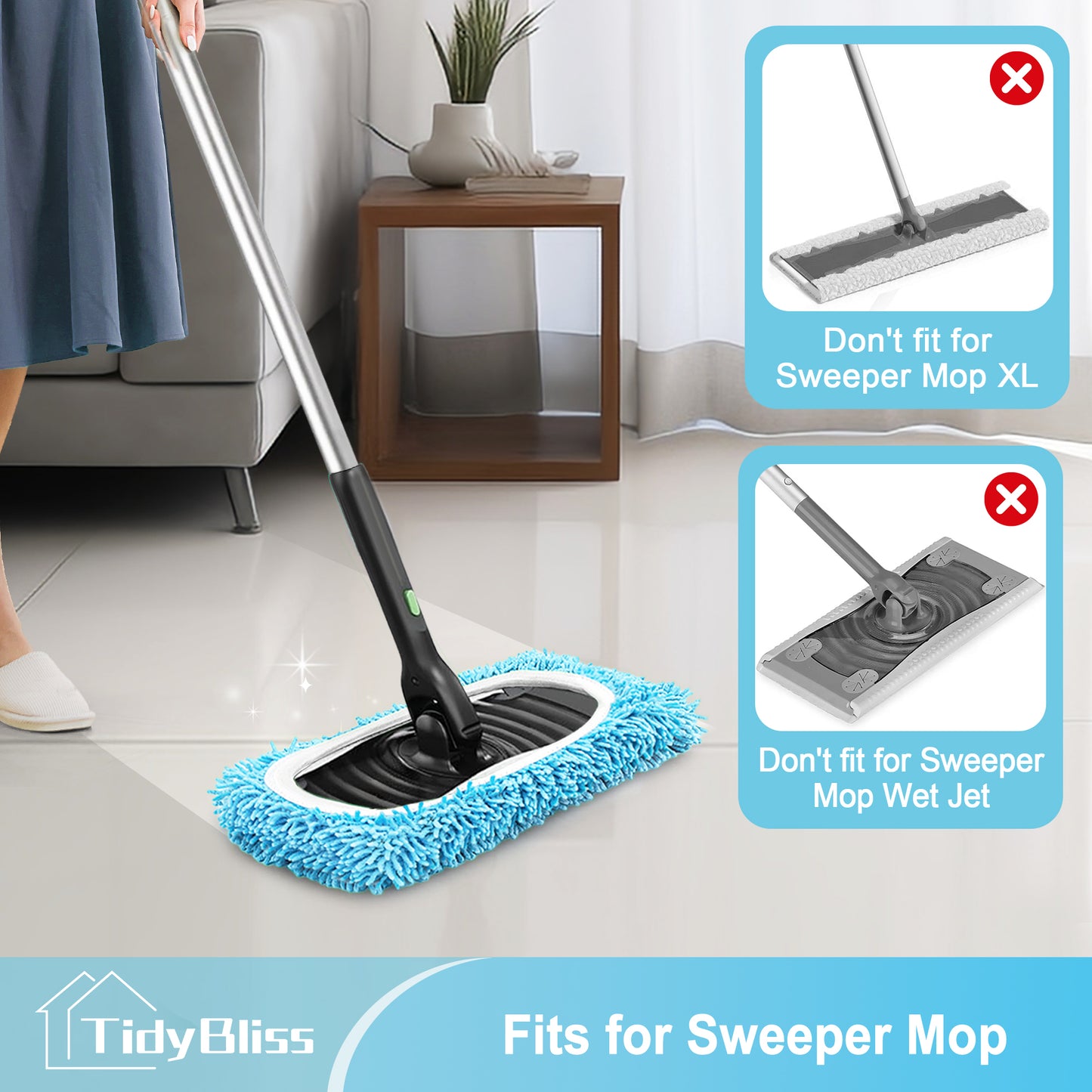 TidyBliss Reusable Microfiber Mop Pads 4 Pack Compatible with Sweeper (Blue)