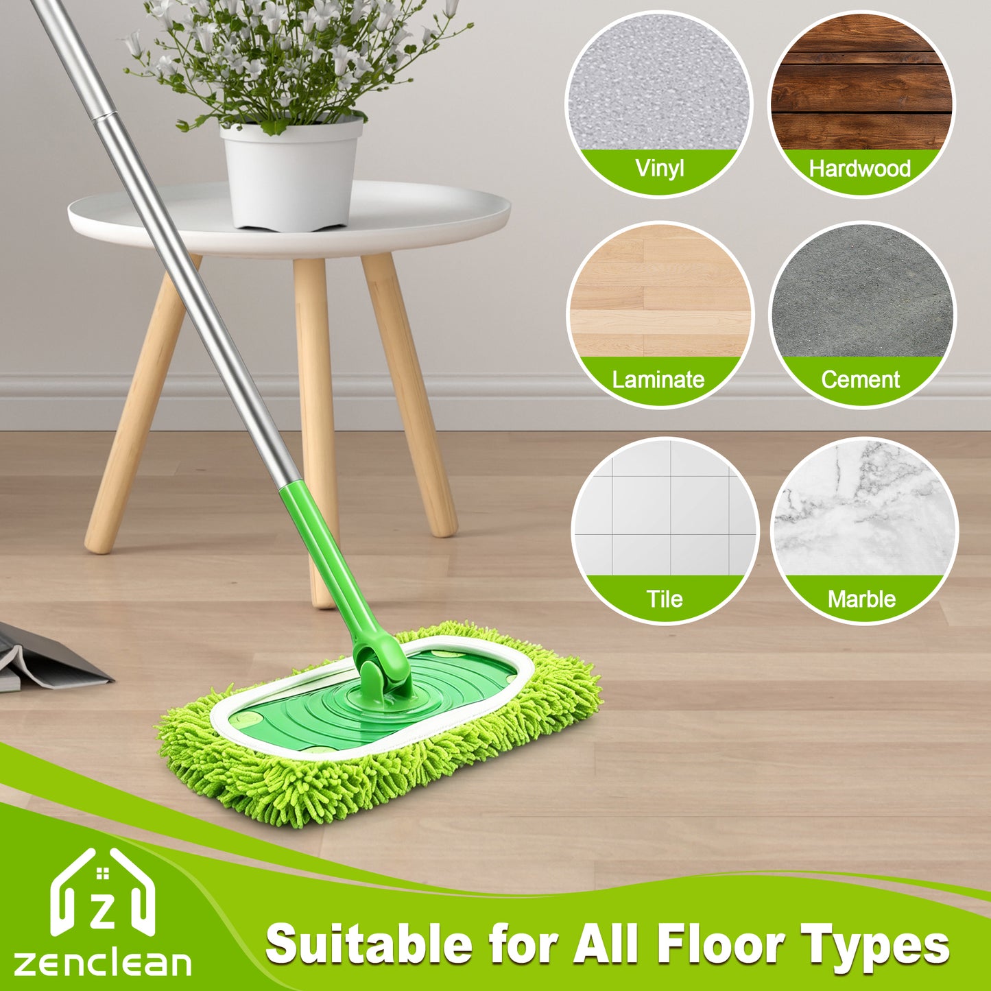 ZenClean Reusable Microfiber Mop Pads 4 Pack Compatible with SwifferSweeper Mop for Wet & Dry Floor Cleaning (Green)